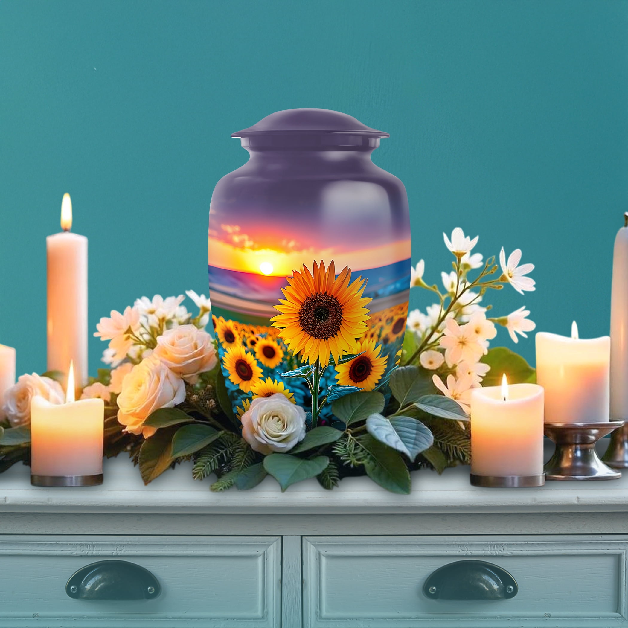 SABURIAL Sunflower Urn - Memorial Urn for Human Ashes - Combo 1 - Large with 3 Inch Pack of 1 - Human Remains for Mom & Dad - Decorative Urns for Adult - Burial Urns
