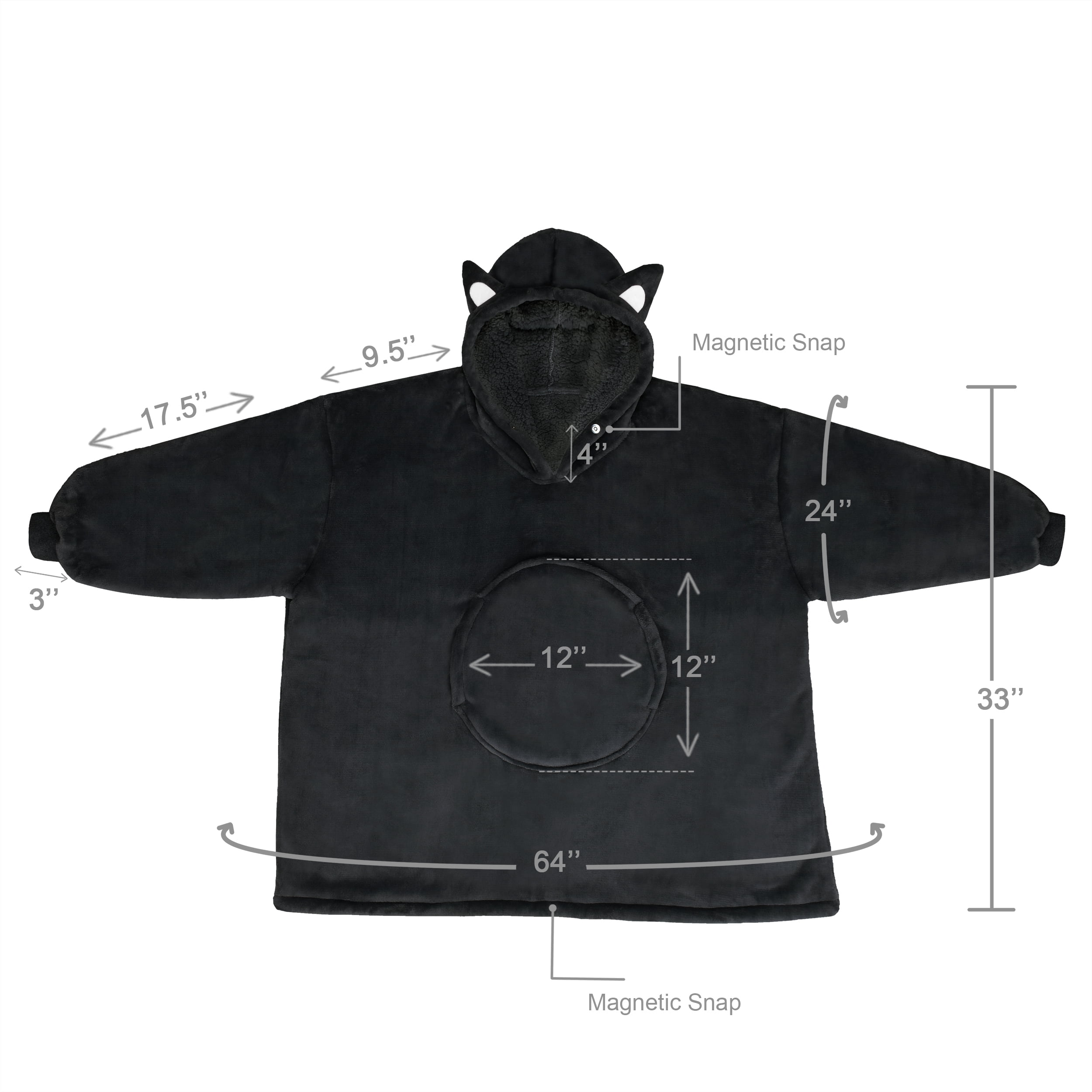 Flyingstar Cat Oversized Sherpa Hoodie Sweatshirt for Women, Pockets, Hooded, Black Cat