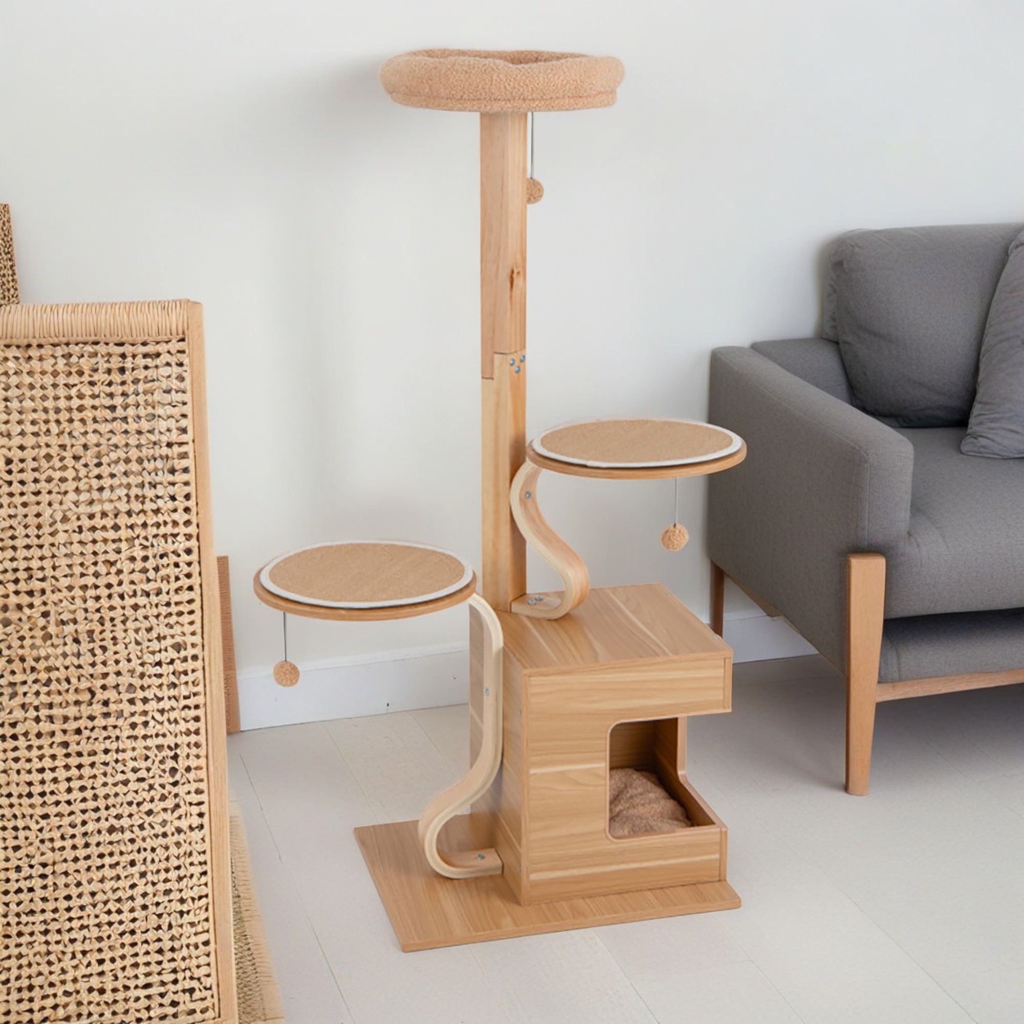 resenkos 51" 4-Layer Wood Cat Tree Tower for Indoor Cats with Condo and Washable Cushions, Cat Tree House for Kittens Climb Play, Rest, Beige