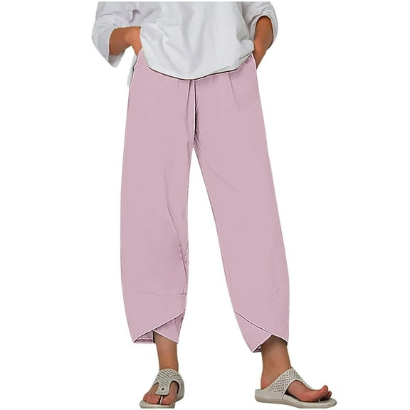 Womens Linen Crop Pants with Pockets Elastic Waisted Casual Summer Beach Lounge Plus Size Pants Cross Hem Trousers (S, Pink 02)