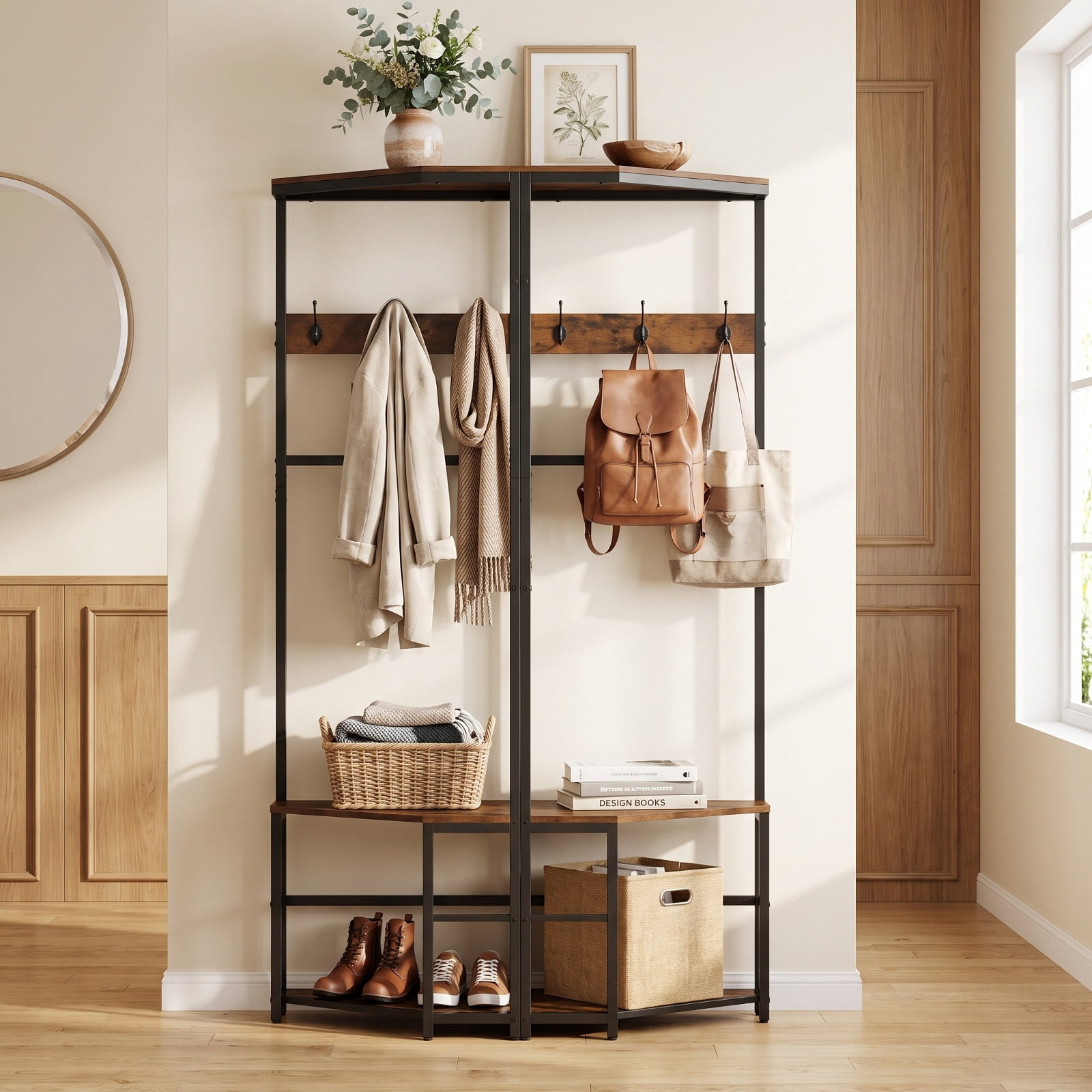 Furnibear Corner Freestanding Hall Tree Coat Rack with Storage Shelves and Removable Hooks for Entryway and Bedroom, Rustic Brown