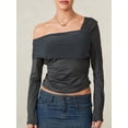 thumbnail image 4 of Michellecmm  Women's Ruched Tops Solid Asymmetric Off Shoulder Long Sleeve T-shirt, 4 of 9