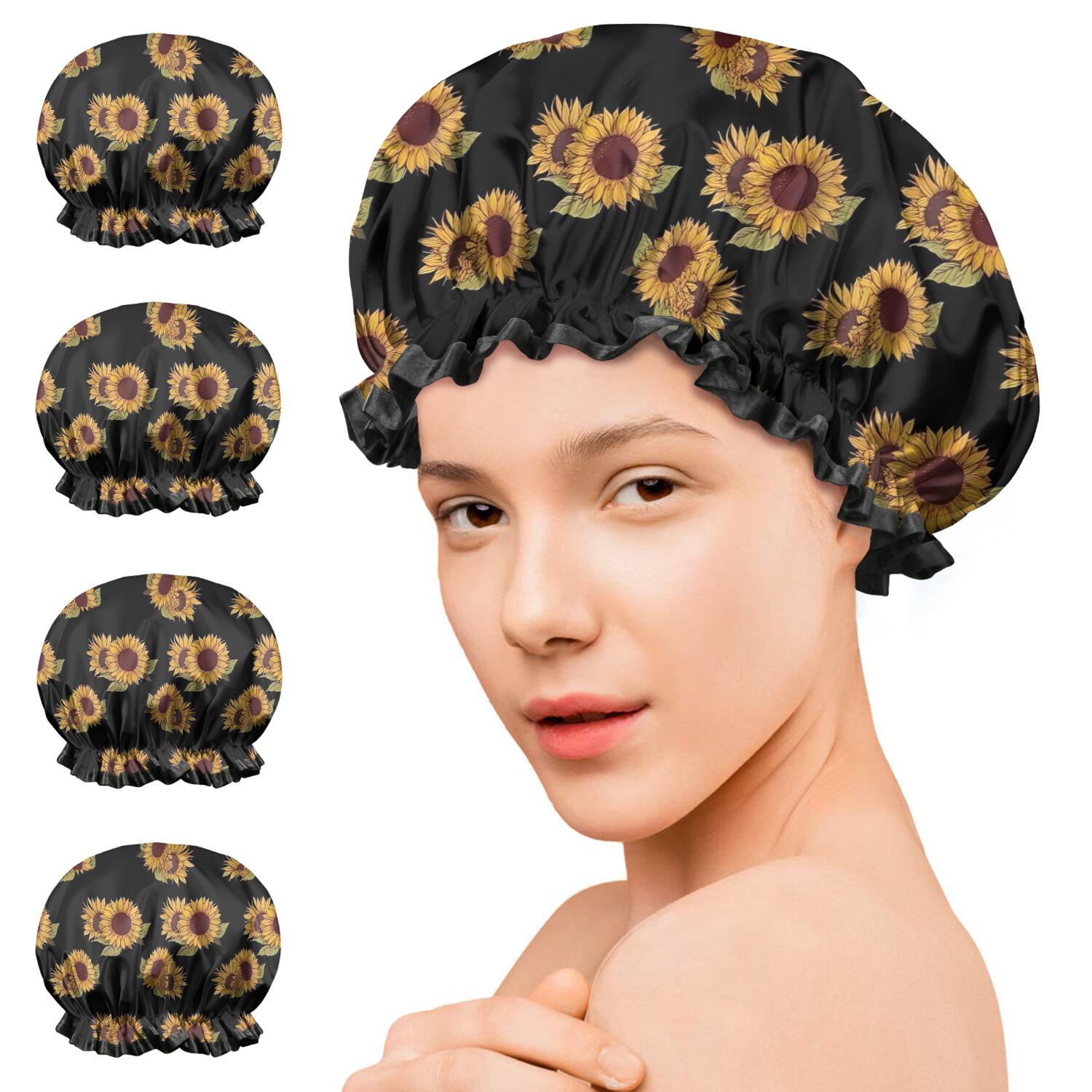 Shower Caps,Black Yellow Green Leaf Sunflower Pattern Waterproof Shower Cap for Women 4 Pieces,Double Reusable Hair Cover for Shower PEVA Elastic Stretch Hem