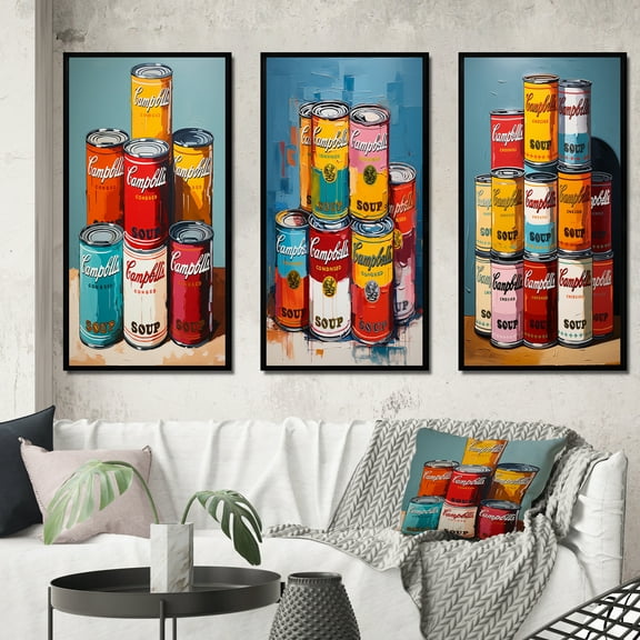 Designart "Campbells Soup Pop Art wall art III" Modern Framed Wall Art Set Of 3 - Multi-Color Pop Art Frame Canvas Set For Living Room Decor