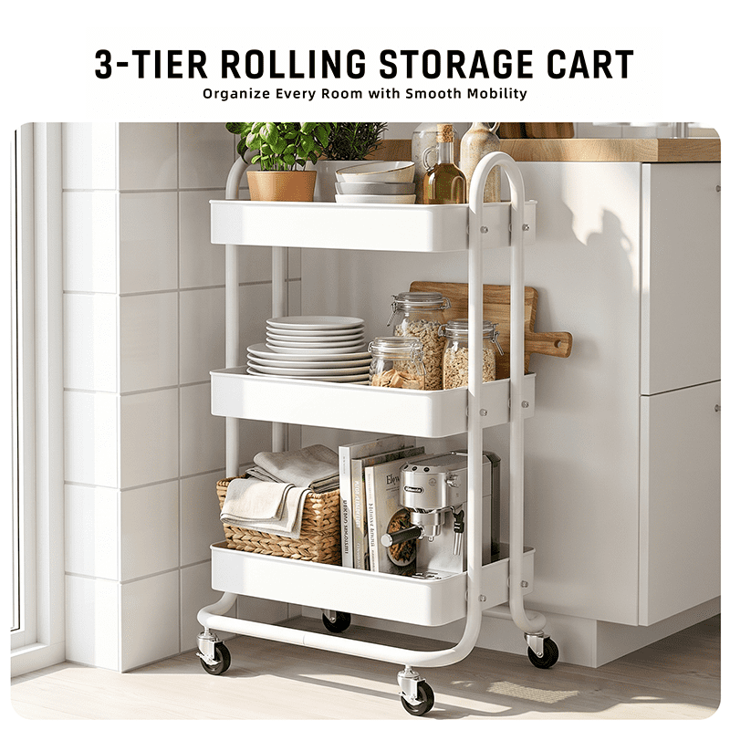 Fenbeli 3-Tier Metal Rolling Utility Cart with Wheels, White, 18"L x 13.4"W x 31"H