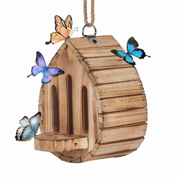Wooden Hanging Butterfly House, DIY Natural Habitat with Feeder for Garden Butterflies and Bees Pollinator House