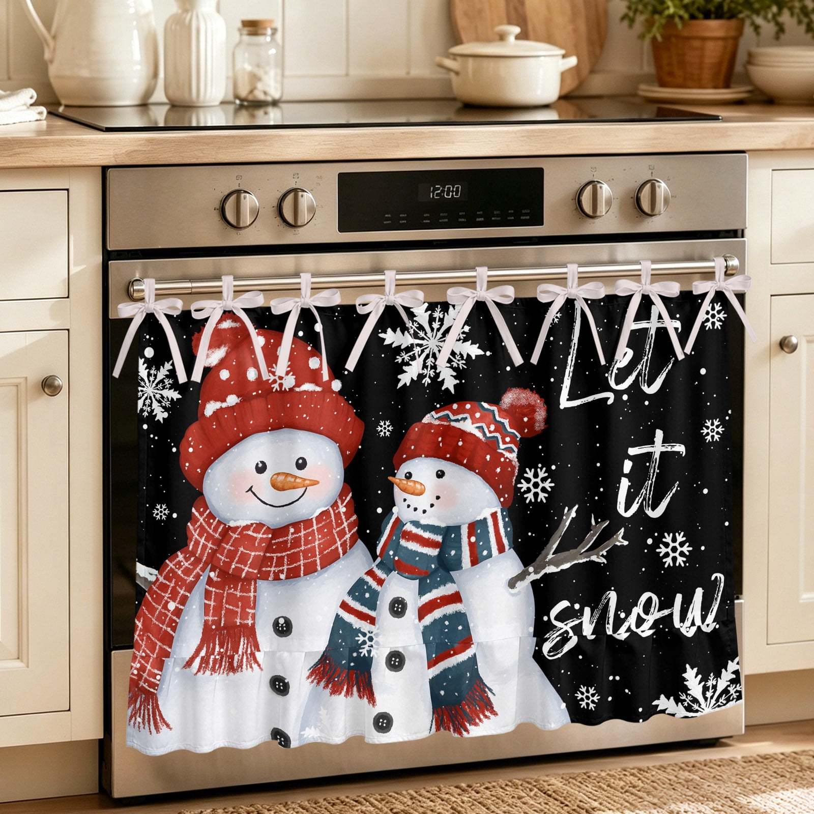 Oven Curtain for Kitchen Cute Snowman Family Snowflakes Stove Curtain With Ruffled Trim Dishwasher Curtains Winter Christmas on Black Oven Skirt 30 x21.5
