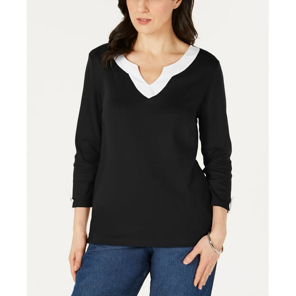 Karen Scott Cotton Split Neck Tab Sleeve Top Deep Black S