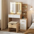 thumbnail image 1 of Vanity Desk with Sliding LED Mirror & 3 Color Modes, Vanity Table & Chair Set with 4 Drawers, Charging Station & Adjustable Shelves, Wood Color, 1 of 7