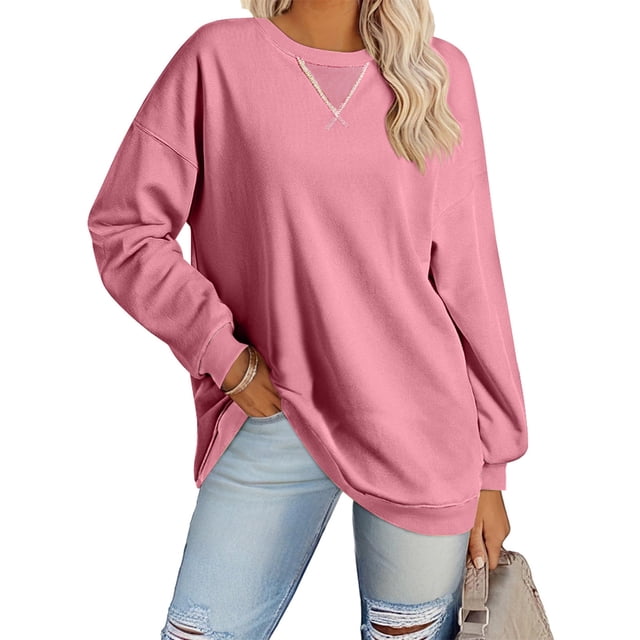 Penkiiy Chandails Surdimensionnés pour Femmes Tendance Décontracté Ample Col Rond Manches Longues Hauts Tenues Automne 2024 S Rose