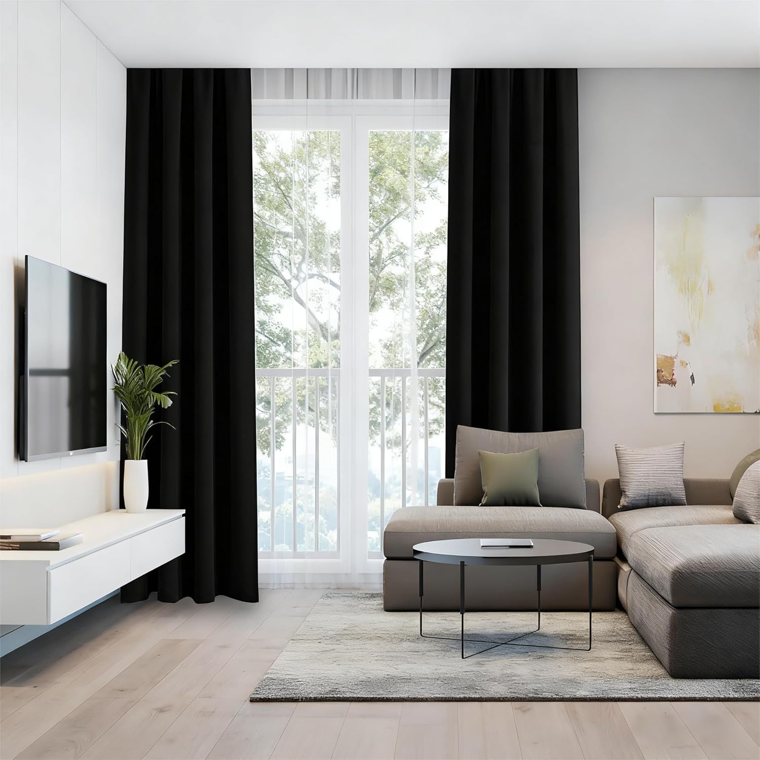Black Blackout Curtains 84 Inch Length 2 Panels Set, Black Out Curtains for Bedroom 84 Inch Long, Rod Pocket Energy Saving Room Darkening Drapes for Living Room Window(W52 x L84)