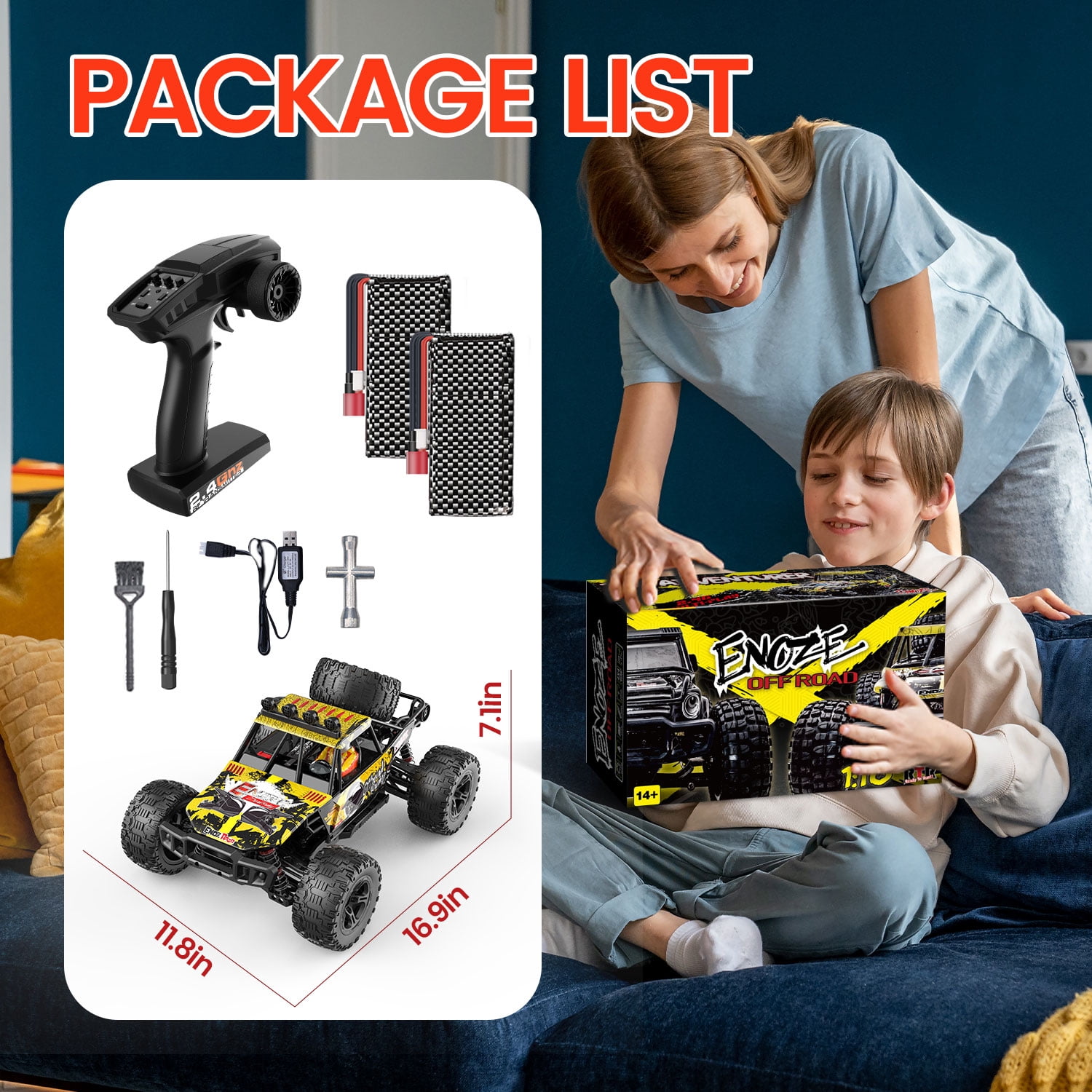 JoyStone 1:10 Large RC Car 35+MPH Hobby Grade Fast RC Truck with Lights, 4WD All Terrain off Road Monster Truck Electric Vehicle with 2 Batteries for Adults Boys, Yellow
