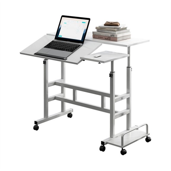 Twister.CK Mobile Liftable Standing Desk, Portable Rolling Desk Computer Table, Adjustable Height Mobile Stand Up Table with Wheels for Home Office, White