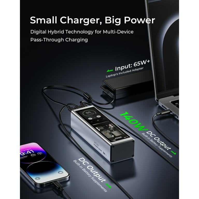 Talix 140w 20000mAh Portable Charger, Fast Charging Laptop Power Bank, USB C Cable, Compatible with Macbook iPad iPhone, Black, Size: 1 lbs