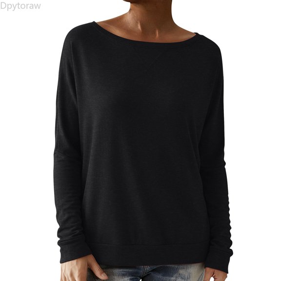 Dpytoraw Women's Crewneck Sweatshirt, Solid Color Long Sleeve Pullover for Fall Black L