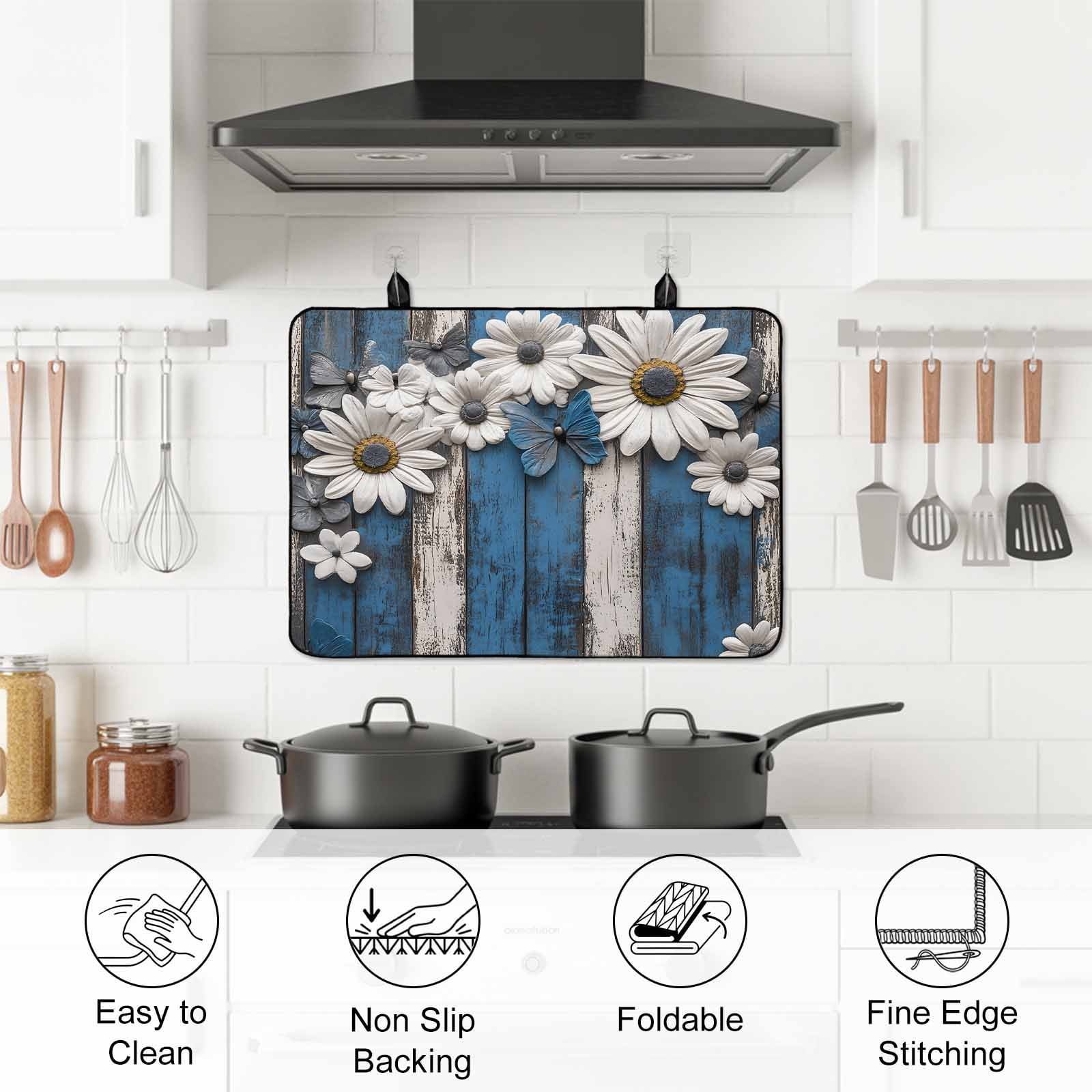 Blue White Daisy Stove Top Cover for Electric Stove, Heat-proof & Non Slip Glass Top Stove Cover Protector, Vintage Farmhouse Butterfly Floral Wood Kitchen Flat Cooktop Rubber Mat 24x21 Inches