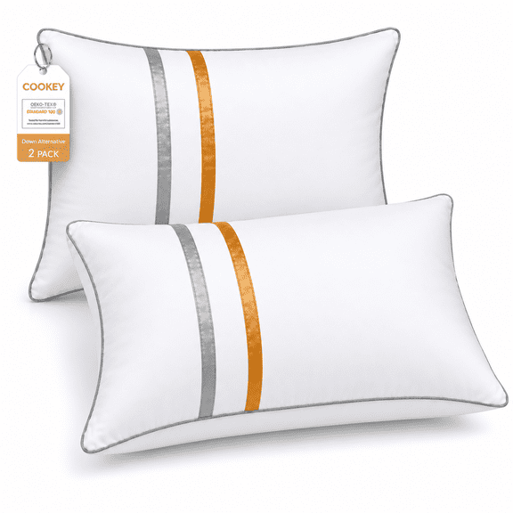 COOKEY Pillow for Bed Queen Size Set of 2, 20 x 30 Down Alternative Pillows with Gel Fiber Fill and Satin Ribbon, Gusseted Hotel Bed Pillows for Side Back Stomach Sleepers, White