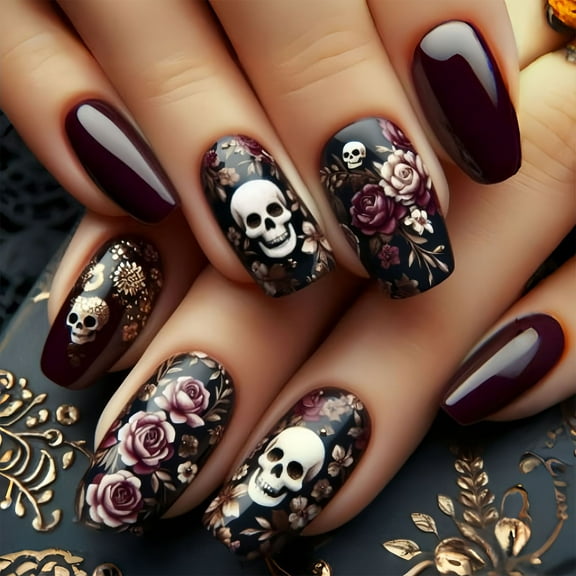 Halloween Artificial Nails Skeleton Floral Square False Nails Ghostly Design For Parties And Creative Event 24pcs