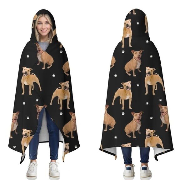 Wearable Blanket,Pitbull Dog and Footprint Hooded Wearable Sherpa Blanket for Adults & Teens,Winter Poncho Shawl Wrap Cape Thick Warm,50"x60"