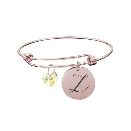 Pink Box Solid Stainless Steel Adjustable Initial Bangle with Genuine Swarovski Crystal