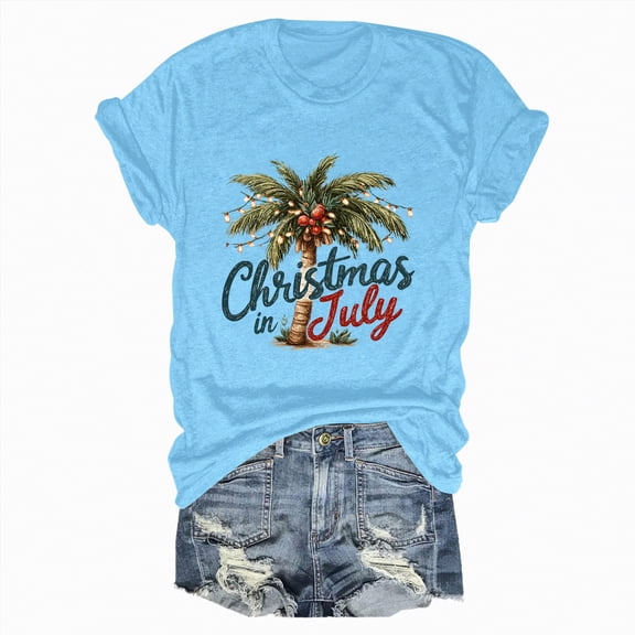 Drie Women's T Shirts Short Sleeve Tees Cute Graphic Loose Summer Tops Christmas Graphic T Shirts Sky Blue,M