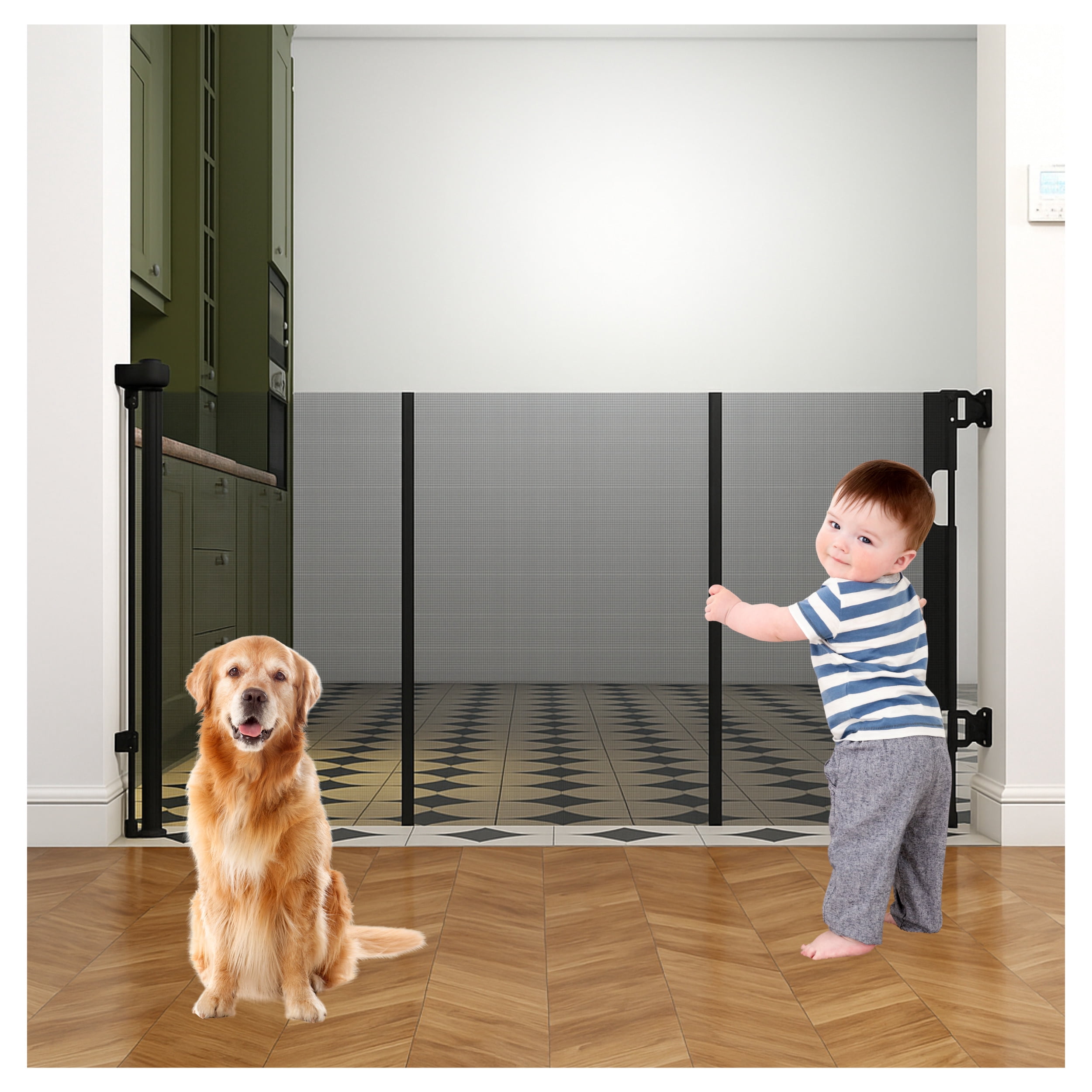 Baby Proof Me Retractable Baby Gate, Extra Wide Mesh Child Safety Gate, 34" Tall x 71" Wide, Black