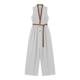 thumbnail image 6 of Guluxicc Women's Contrast Trim Elastic Waist Pleated Wide Leg Jumpsuit Casual Belted Stand Collar Sleeveless Loose Fit Rompers, 6 of 6