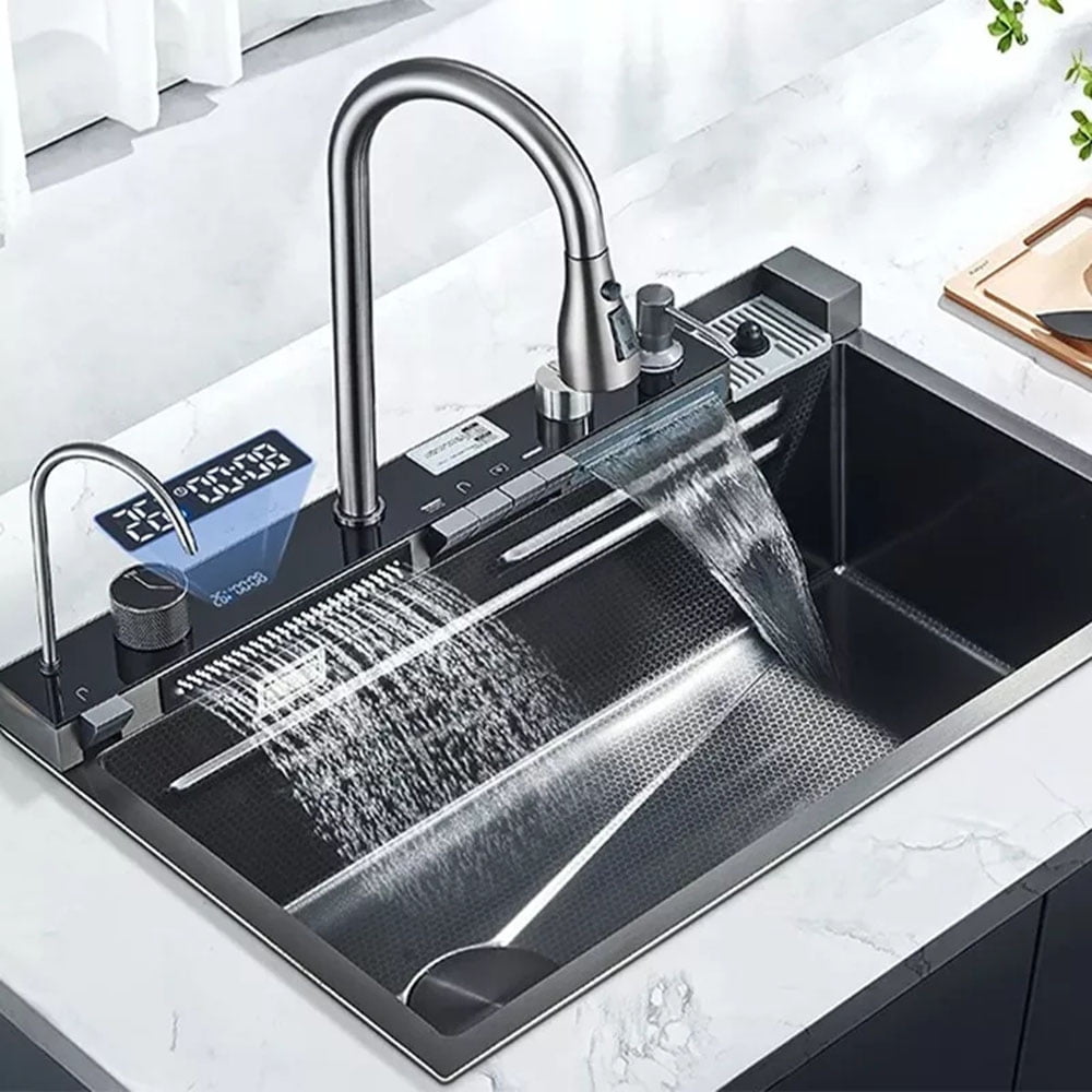 Gun Ash Stainless Steel 30" Drop In Kitchen Sink Top Mount Single Bowl w/Kitchen Facuet