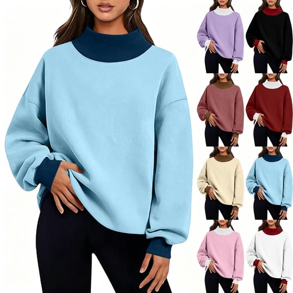 Maplenight Women's Mock Neck Sweatshirt Color Block Long Sleeve Casual Pullover Loose Sweatshirts Fall Tops