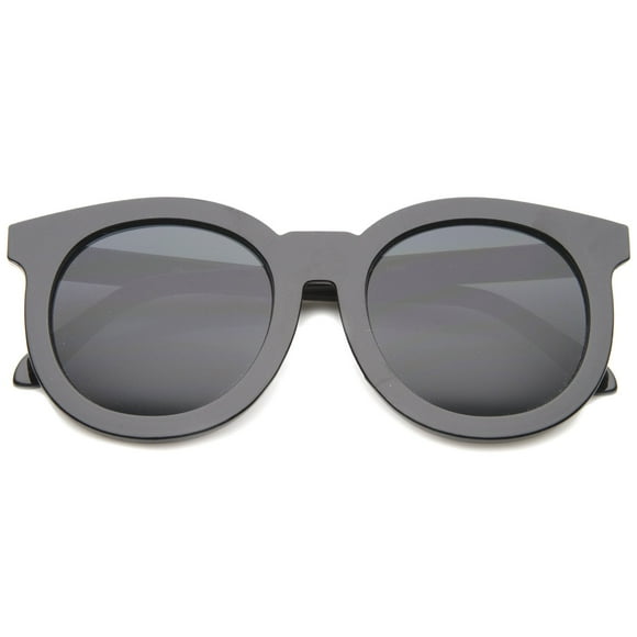zeroUV Lunettes de Soleil Rondes pour Femmes Chic Surdimensionnées à Monture Corne Lentille Plate 64mm (Noir Brillant-Argent/fumée)