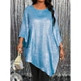 thumbnail image 4 of Women'S 2025 Plus Size Loose Round Neck Nine-Point Sleeve Irregular Hem Tops Light Blue XXXL, 4 of 6