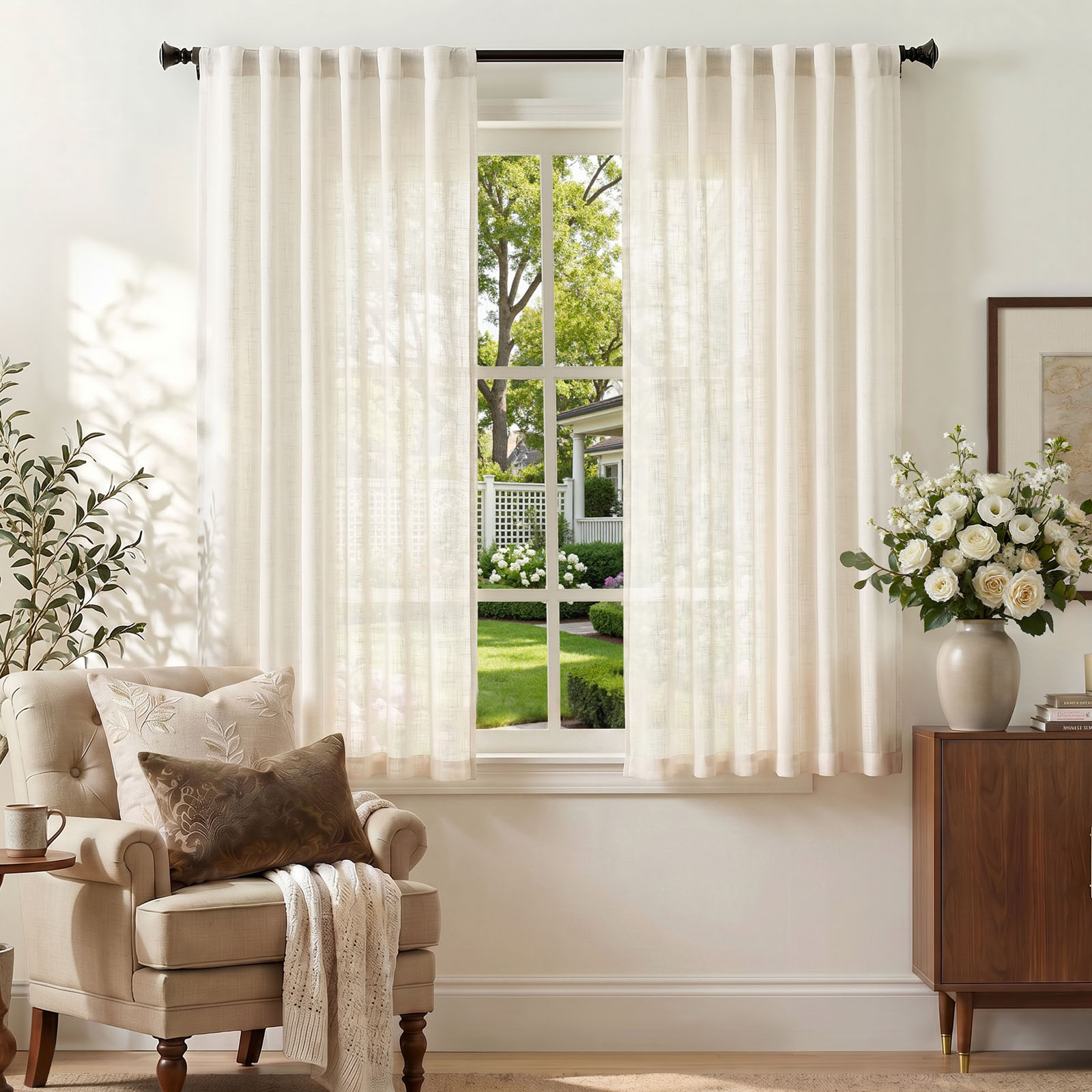 TOPICK Semi Sheer Curtains 50 x 63 inch Linen Blend Curatins Light Filtering Drapes for Kitchen Bedroom Living Room 2 Panels Cream White