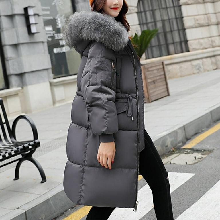 BZGTZT Women s Winter Puffer Coat Thicken Fleece Lined Down Jacket Waterproof Faux Fur Detachable Hooded Parka Walmart