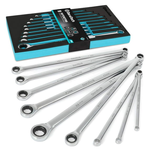 DURATECH Ensemble de Clés à Cliquet Extra Longues, Ensemble de Clés à Double Boîte, Métrique, 9 Pcs, 8,10,12,13,14,16,17,19,22 mm, Acier CR-V, avec Outil en Mousse EVA