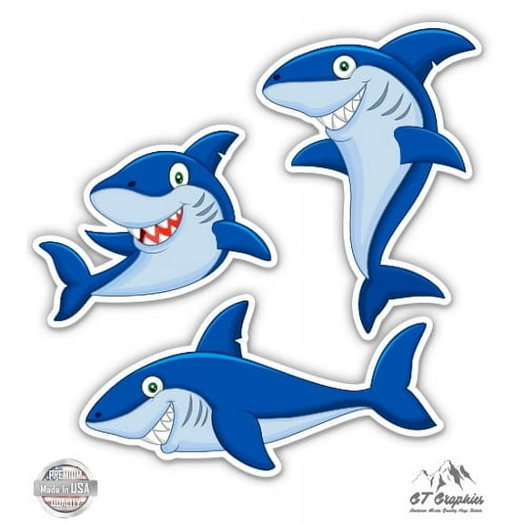 Sharks Set of 3 - 2" Each Vinyl Stickers- For Car Laptop I-Pad Phone Helmet Hard Hat - Waterproof Decals