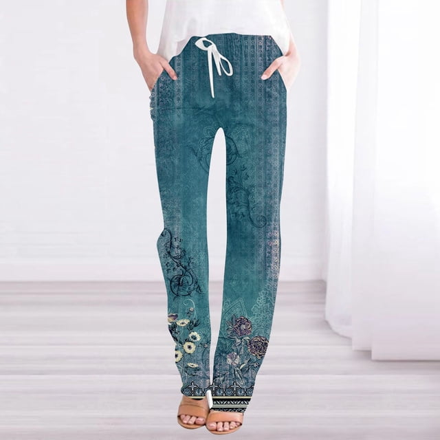 WILLBEST Pantalones Casuales elegantes para Mujer: Pantalones Ligeros de Lino con Cintura Alta y Estampado Bohemio con Bolsillos para Playa y Uso Diario. XXXL