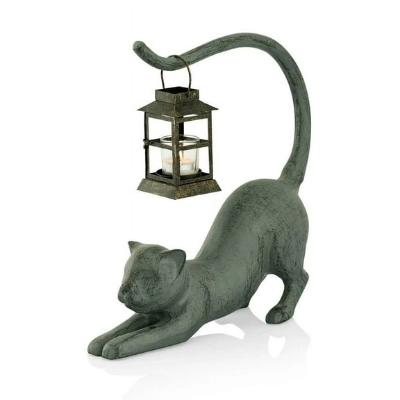 Keith The Kitty Cat W/Lantern | Indoor Outdoor Aluminum Garden Statue Sculpture - 15 Inch Height
