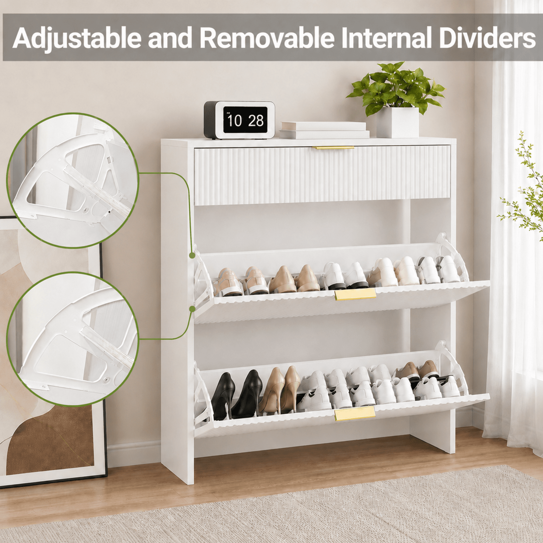 Leumius Shoe Cabinet with 2 Flip Drawers and 1 Drop-Down Drawers,Hidden Wood Shoe Cabinet,Freestanding Shoe Storage Cabinet for Entryway Hallway,White