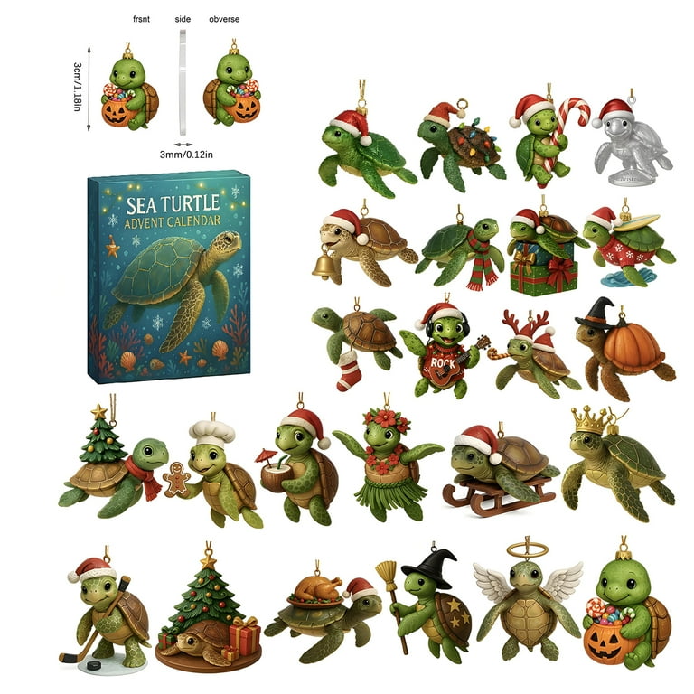 Calendrier De L'Avent Tortues De Mer 2025 - 24 Décorations Acrylique 2D, 26x18cm, Pour Sapin, Mur Ou Voiture