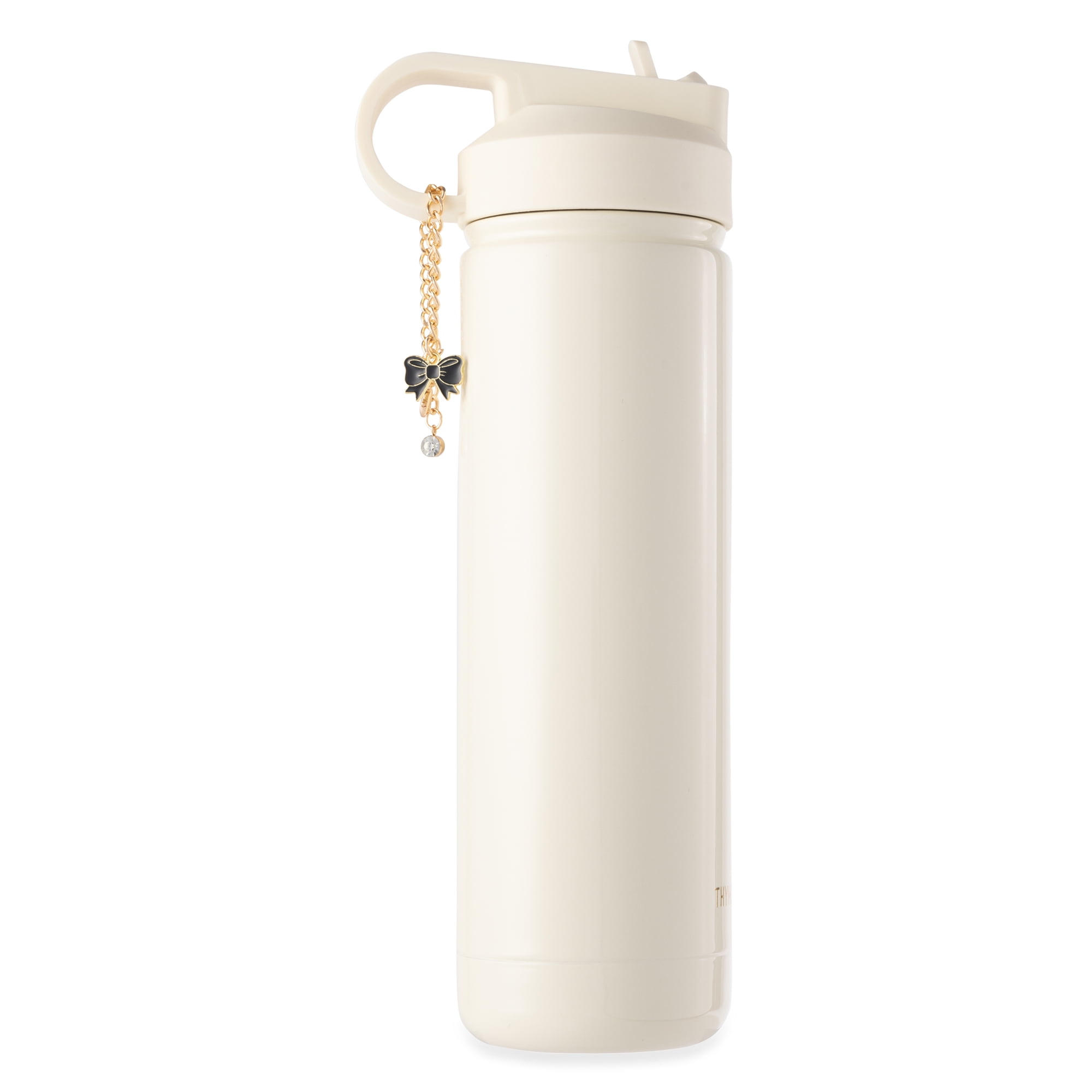 Thyme & Table 26 fl oz Water Bottle with Straw Lid, Cream with Bow Gold Charm