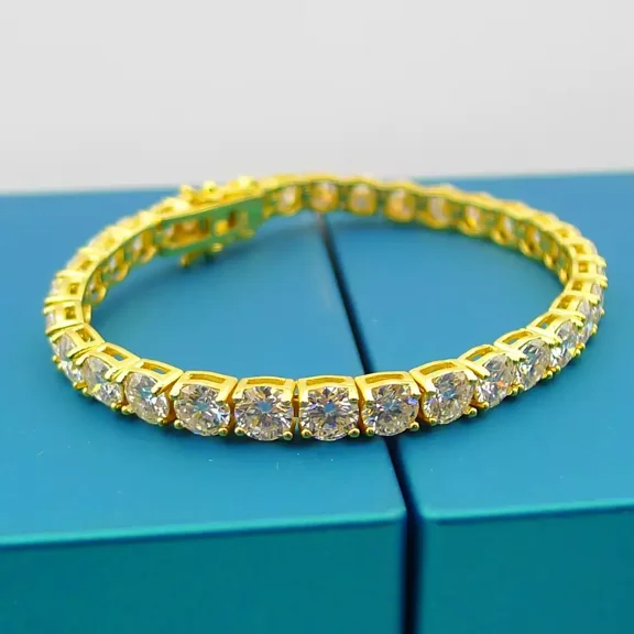 Bracelet Tennis Plated Gold Yellow 14K Moissanite Cut Round Ct 8 White