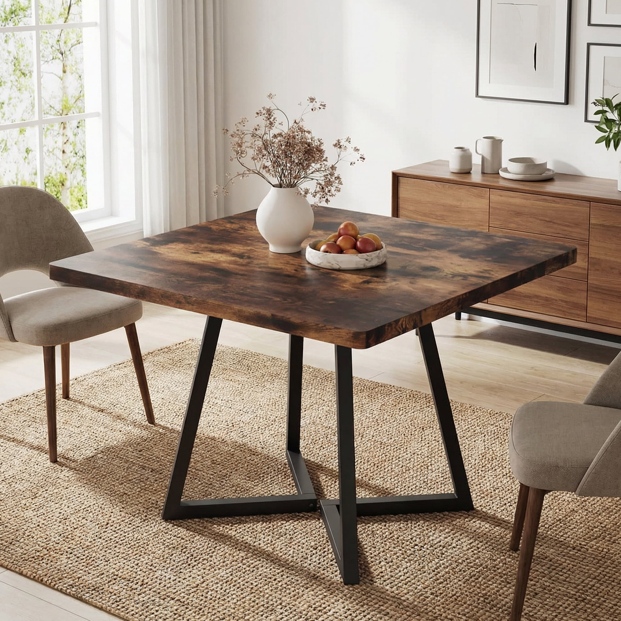 31.5 Inch Square Dining Table, Industrial Style Small Kitchen Table With Sturdy Black Metal Base, Space-Saving Dinner Table For 2-4 People, Brown Finish For Rustic Home Decor