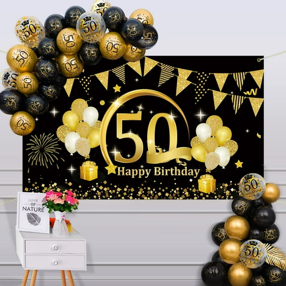 50th Birthday Party Decorations, Black and Gold Birthday Banner Happy 50th Birthday Sign Poster and 50 Printed Balloons for Men Women