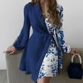 thumbnail image 5 of Pink Season V-Neck Puff Long Sleeve Solid Color Floral Print Women Dress Autumn Lapel Waist Lace-up Office Dress Streetwear, 5 of 8