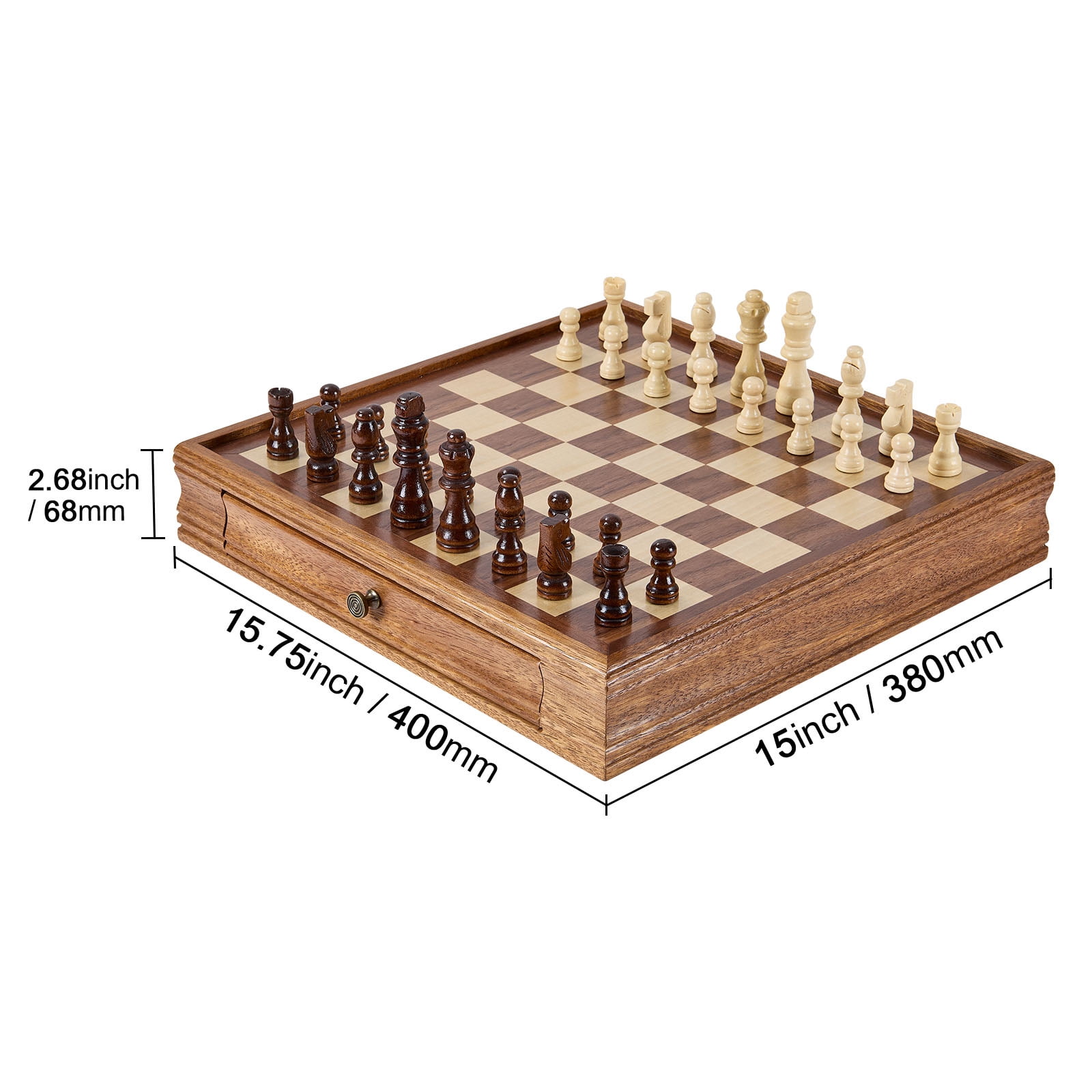 KFFKFF Chess Set Crafted from Solid Wood, 15 inch Dual-Function Chess and Checkers Game Set, Comes with Storage Drawer, Weighted Chess and Checkers Pieces, and Extra Queens
