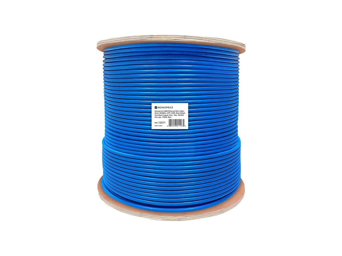 Monoprice Cat6A Ethernet Bulk Cable - 1000 Feet - Blue | Network Internet Cord - Solid, 550Mhz, UTP, CMR, Pure Bare Copper Wire, 10G, 23AWG, No Logo