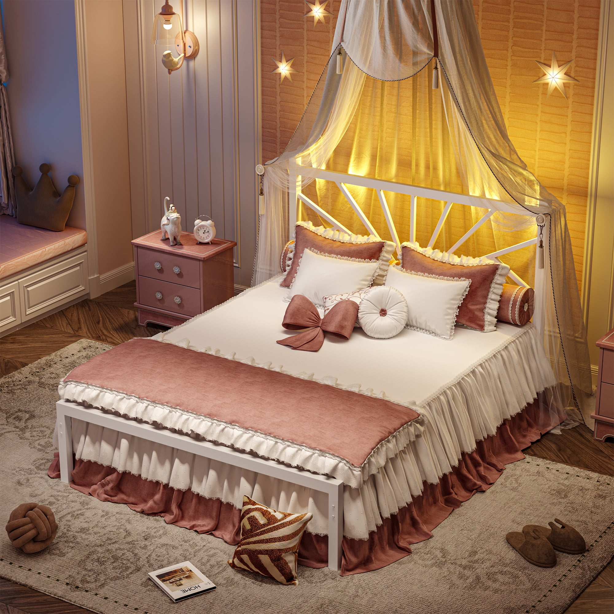 Full Size Metal Bed Frame with Headboard Metal Platform & LED Lights & Storage Underbed, Noise Free, No Box Spring, White