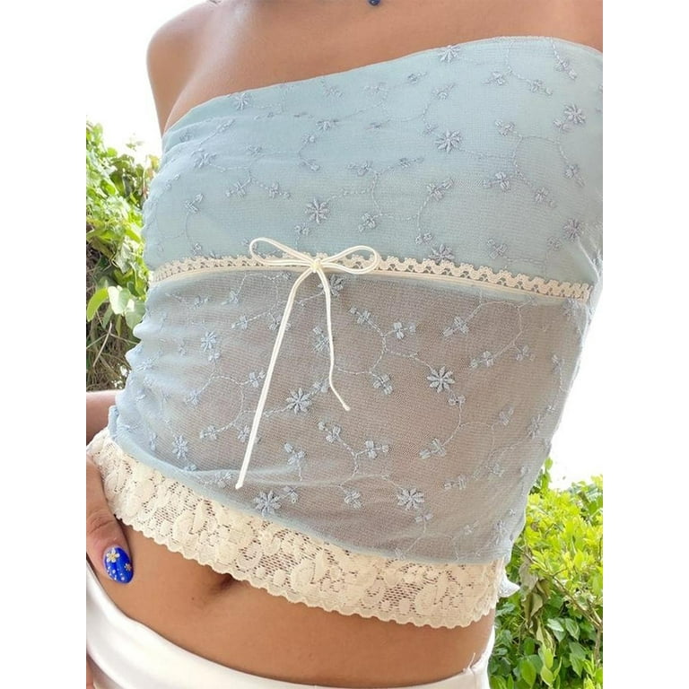 Womens Y2k Sexy Sheer Lace Frill Strapless Tube Crop Tops Fairy Grunge  Sleeveless Summer Bandeau Vest Top Streetwear