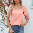 thumbnail image 2 of Square Neck Tops for Women Casual Puffed Elastic Short Sleeve Loose Fit Blouses Solid Color Comfy Basic Trendy T Shirts Tshirts, 2 of 5
