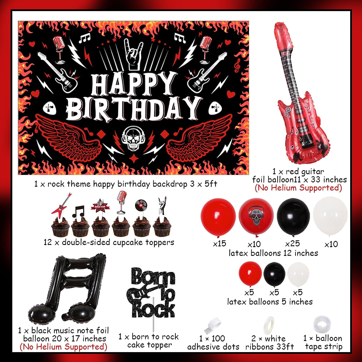 Rock and Roll Party Decorations, Music Happy Birthday Backdrop Red Black  White Balloons Garland Arch Kit Born to Rock Cake Cupcake Topper Guitar  Music Note Foil Balloon for Rock Theme Party 